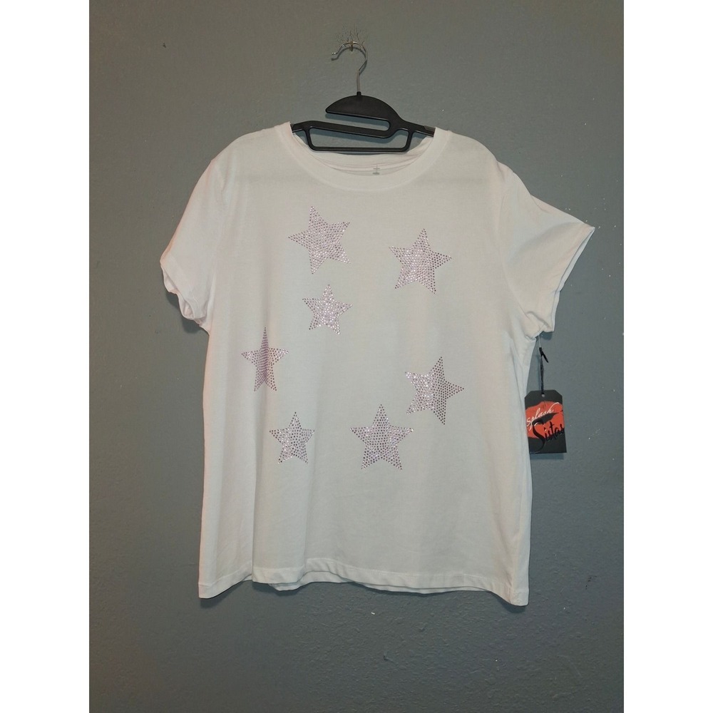 Splash Sistas White Baby Tee Pink Rhinestone Stars Graphic T-Shirt Womens 2X NEW